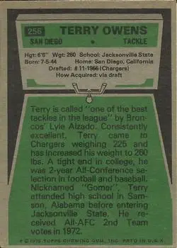1975 Topps #256 - Terry Owens - San Diego Chargers - Back