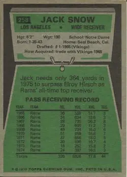 1975 Topps #258 - Jack Snow - Los Angeles Rams - Back