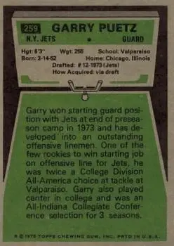1975 Topps #259 - Garry Puetz - New York Jets - Back