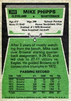 1975 Topps #260 - Mike Phipps - Cleveland Browns - Back