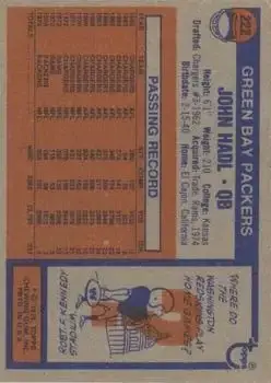 1976 Topps #222 - John Hadl - Green Bay Packers - Back