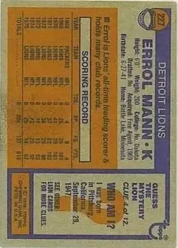 1976 Topps #227 - Errol Mann - Detroit Lions - Back