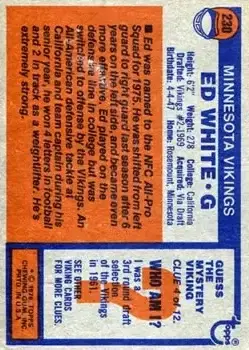 1976 Topps #230 - Ed White - Minnesota Vikings - Back