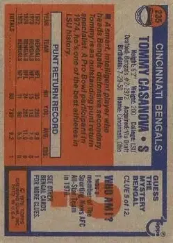 1976 Topps #235 - Tommy Casanova - Cincinnati Bengals - Back