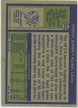 1972 Topps #222 - Errol Mann - Detroit Lions - Back 1972 Topps #222 - Errol Mann - Detroit Lions - Back