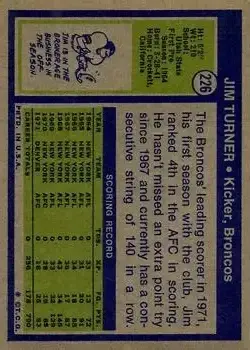 1972 Topps #226 - Jim Turner - Denver Broncos - Back