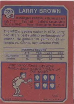 1973 Topps #220 - Larry Brown - Washington Redskins - Back