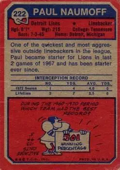1973 Topps #222 - Paul Naumoff - Detroit Lions - Back 1973 Topps #222 - Paul Naumoff - Detroit Lions - Back