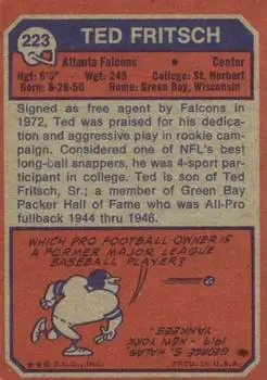 1973 Topps #223 - Ted Fritsch - Atlanta Falcons - Back 1973 Topps #223 - Ted Fritsch - Atlanta Falcons - Back