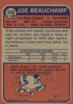 1973 Topps #226 - Joe Beauchamp - San Diego Chargers - Back