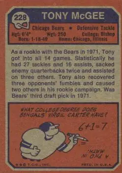 1973 Topps #228 - Tony McGee - Chicago Bears - Back