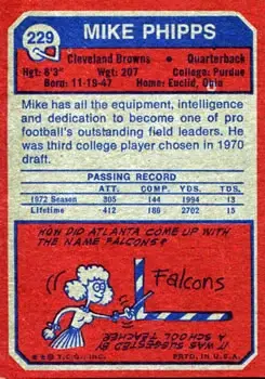 1973 Topps #229 - Mike Phipps - Cleveland Browns - Back