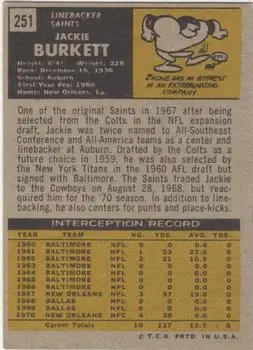 1971 Topps #251 - Jackie Burkett - New Orleans Saints - Back