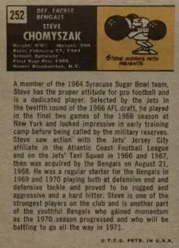1971 Topps #252 - Steve Chomyszak - Cincinnati Bengals - Back 1971 Topps #252 - Steve Chomyszak - Cincinnati Bengals - Back