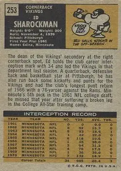 1971 Topps #253 - Ed Sharockman - Minnesota Vikings - Back