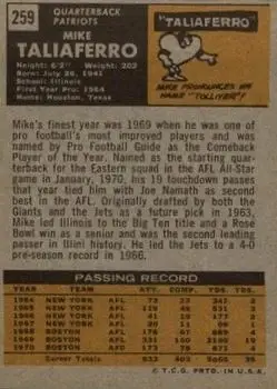 1971 Topps #259 - Mike Taliaferro - New England Patriots - Back
