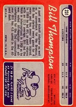 1970 Topps #231 - Bill Thompson - Denver Broncos - Back