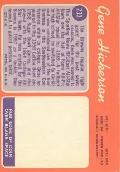 1970 Topps #233 - Gene Hickerson - Cleveland Browns - Back