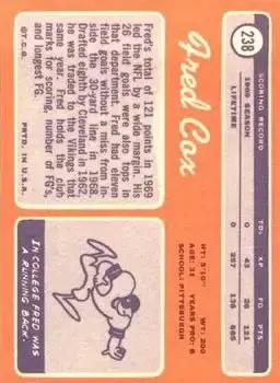 1970 Topps #238 - Fred Cox - Minnesota Vikings - Back 1970 Topps #238 - Fred Cox - Minnesota Vikings - Back