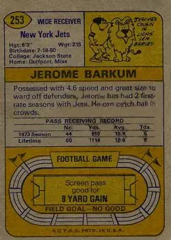 1974 Topps #253 - Jerome Barkum - New York Jets