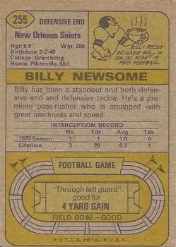 1974 Topps #255 - Billy Newsome - New Orleans Saints - Back
