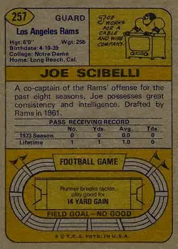 1974 Topps #257 - Joe Scibelli - Los Angeles Rams - Back