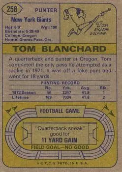1974 Topps #258 - Tom Blanchard - New York Giants - Back 1974 Topps #258 - Tom Blanchard - New York Giants - Back