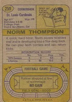 1974 Topps #259 - Norm Thompson - St. Louis Cardinals - Back 1974 Topps #259 - Norm Thompson - St. Louis Cardinals - Back
