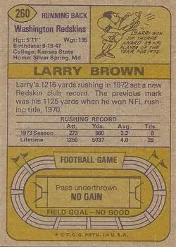 1974 Topps #260 - Larry Brown - Washington Redskins - Back