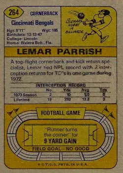 1974 Topps #264 - Lemar Parrish - Cincinnati Bengals - Back 1974 Topps #264 - Lemar Parrish - Cincinnati Bengals - Back