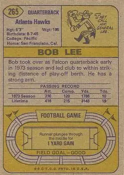 1974 Topps #265 - Bob Lee - Atlanta Falcons - Back