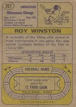 1974 Topps #267 - Roy Winston - Minnesota Vikings - Back
