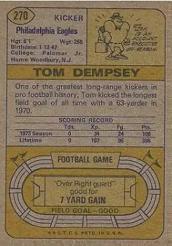 1974 Topps #270 - Tom Dempsey - Philadelphia Eagles - Back