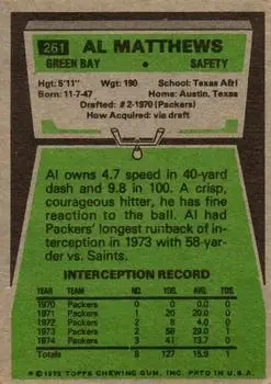 1975 Topps #261 - Al Matthews - Green Bay Packers - Back