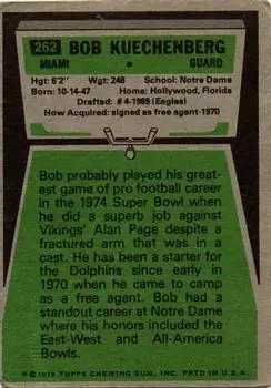1975 Topps #262 - Bob Kuechenberg - Miami Dolphins - Back 1975 Topps #262 - Bob Kuechenberg - Miami Dolphins - Back
