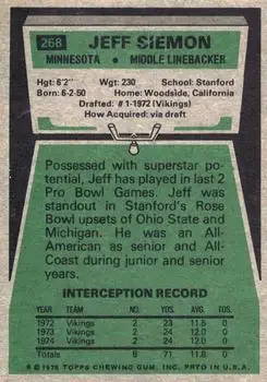 1975 Topps #268 - Jeff Siemon - Minnesota Vikings - Back