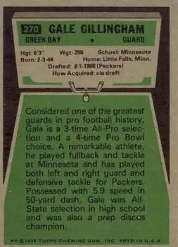 1975 Topps #270 - Gale Gillingham - Green Bay Packers - Back