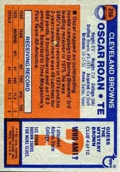 1976 Topps #256 - Oscar Roan - Cleveland Browns - Back