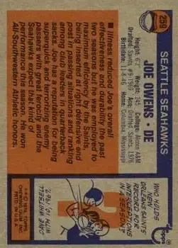 1976 Topps #259 - Joe Owens - Seattle Seahawks - Back