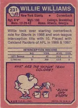 1973 Topps #231 - Willie Williams - New York Giants - Back