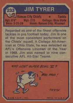 1973 Topps #233 - Jim Tyrer - Kansas City Chiefs - Back