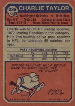 1973 Topps #236 - Charley Taylor - Washington Redskins - Back