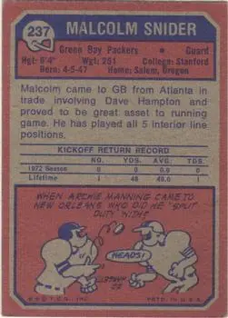 1973 Topps #237 - Malcolm Snider - Green Bay Packers - Back