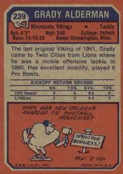 1973 Topps #239 - Grady Alderman - Minnesota Vikings - Back