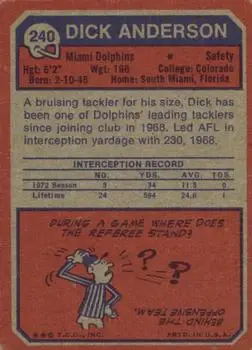 1973 Topps #240 - Dick Anderson - Miami Dolphins - Back