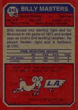 1973 Topps #242 - Billy Masters - Denver Broncos - Back