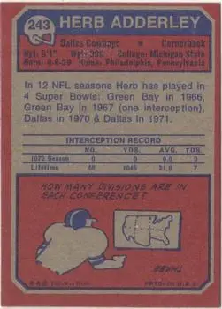 1973 Topps #243 - Herb Adderley - Dallas Cowboys - Back
