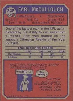 1973 Topps #248 - Earl McCullouch - Detroit Lions - Back