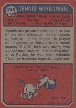1973 Topps #249 - Dennis Wirgowski - New England Patriots - Back