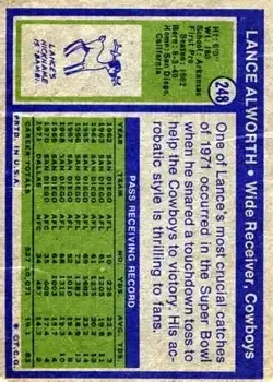 1972 Topps #248 - Lance Alworth - Dallas Cowboys - Back